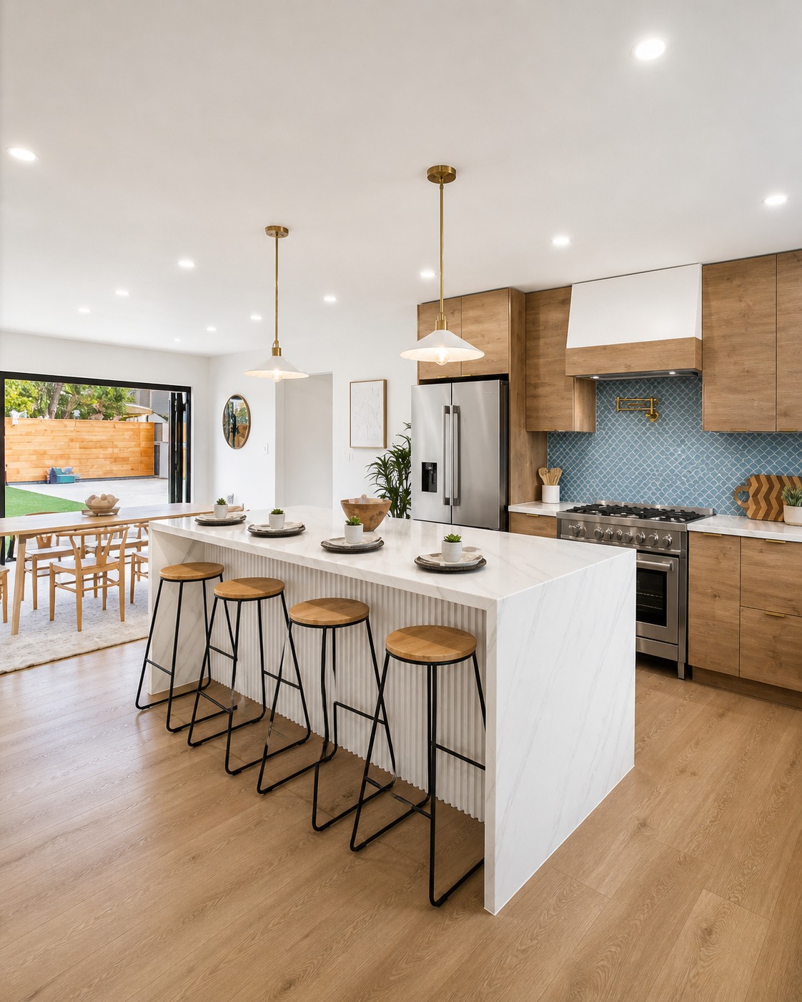 Interior of a finished custom conversion with walnut shelving and ocean view